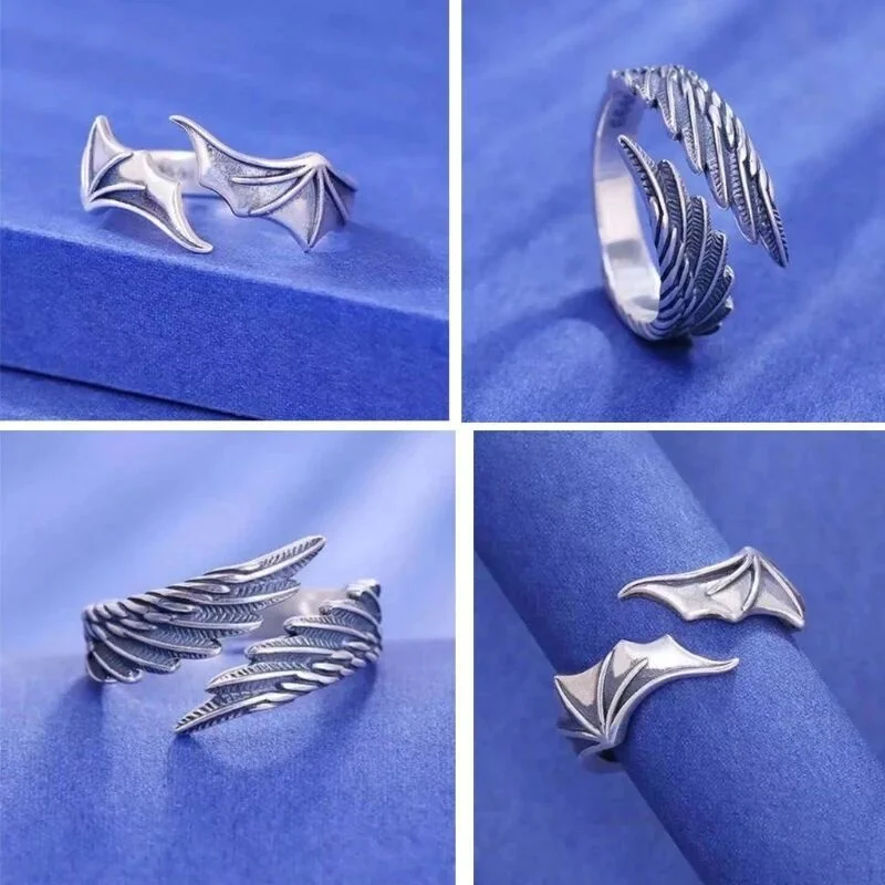 2pcs/pack Vintage Angel Wing Demon Eye Hip Hop Adjustable Couples Rings for Men Women Retro Silver Color Jewelry New