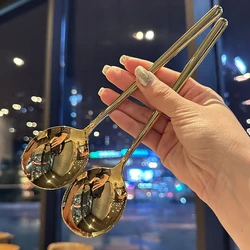 Stainless Steel Big Head Round Spoon Net Red Golden Dinner Long Handle Stirring Dessert Spoons For Kitchen Accessories Gadgets