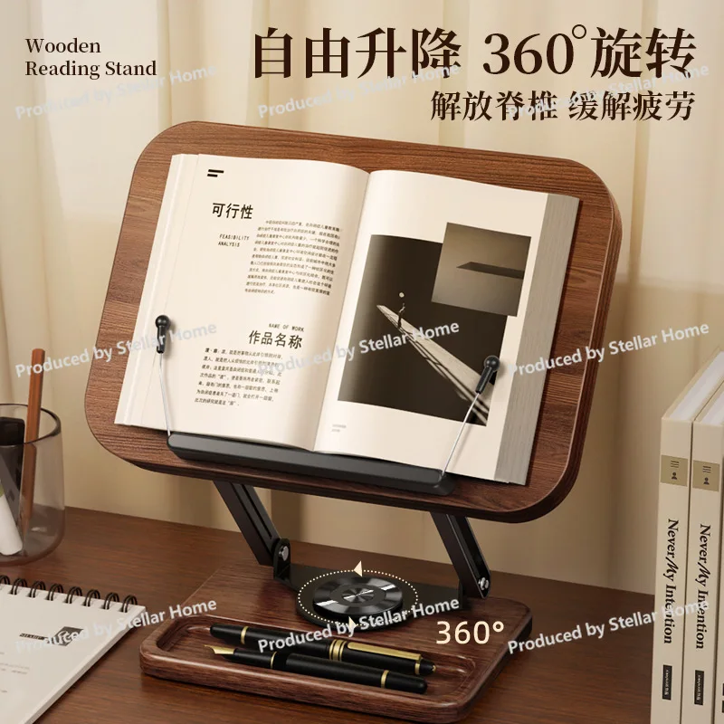 Wooden Rotating Book Stand for Children, Multifunctional Solid Wood Reading Rack, Book Clip, Bookend, Extendable Bookshelf