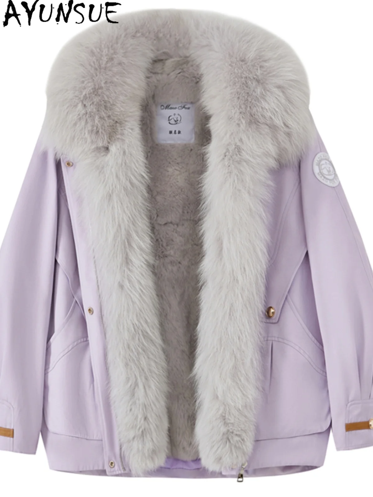 AYUNSUE Natürlicher Rex-Kaninchenfell-Parka für Damen, warmer Echtpelzmantel, neu in Mänteln, Winterkleidung, ganzer Fuchs-Pelzkragen, Jegavera