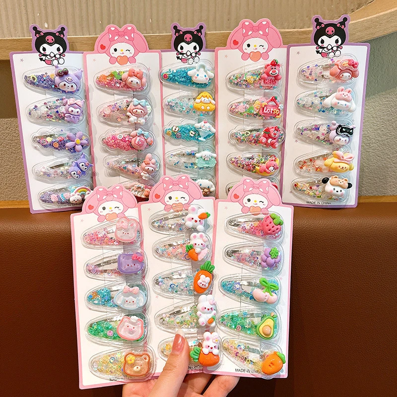 5Pcs Sanrio Kuromi Girls Hairpins Kawaii Cinnamoroll Baby Hairclip Melody Princess Flowing Sand Hair Barrette Sanrio Accessories