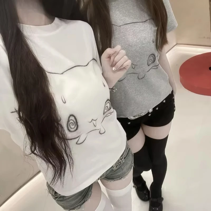 Cute Dizzy Cat Graphic T Shirt Men Women Kawaii Cartoon Dizzy Kitty Print White Oversized Unisex Summer Casual Short Sleeve Tee