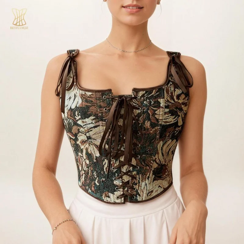 

European Vintage oil painting print brown corset top vest Retro Crop Tops for Women Clothes dress korset Bustier Summer