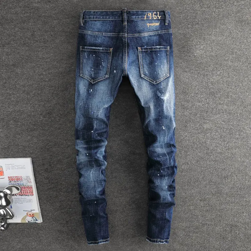 Retro Blue Slimming Ripple Embroidered Denim Jeans for Men Y2K Designer Street Fashion Elastic Brand Pants