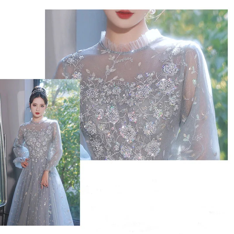 Luxury Grey Evening Dress Female 2024banquet Fairy Temperament Dress Bridesmaid Dress Long Sleeve Party Annual Party Gown