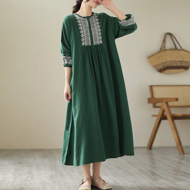 plus Size Slimming Dr Ethnic Sle Loose Lantern Sve Heavy Embroidery Cotton Linen Skirt A-Line Midi Dr Spring