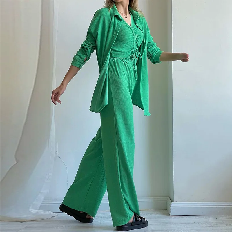 Women's three-piece set 2024 summer new long-sleeved shirt drawstring short-sleeved wide-leg pants casual suit