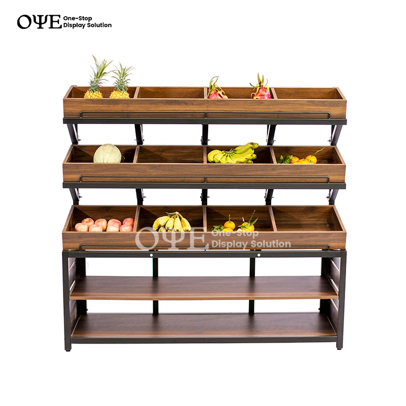 custom.Supermarket Stainless steel Wooden Fruit and Vegetable Display Stands Rack Shelf Counter