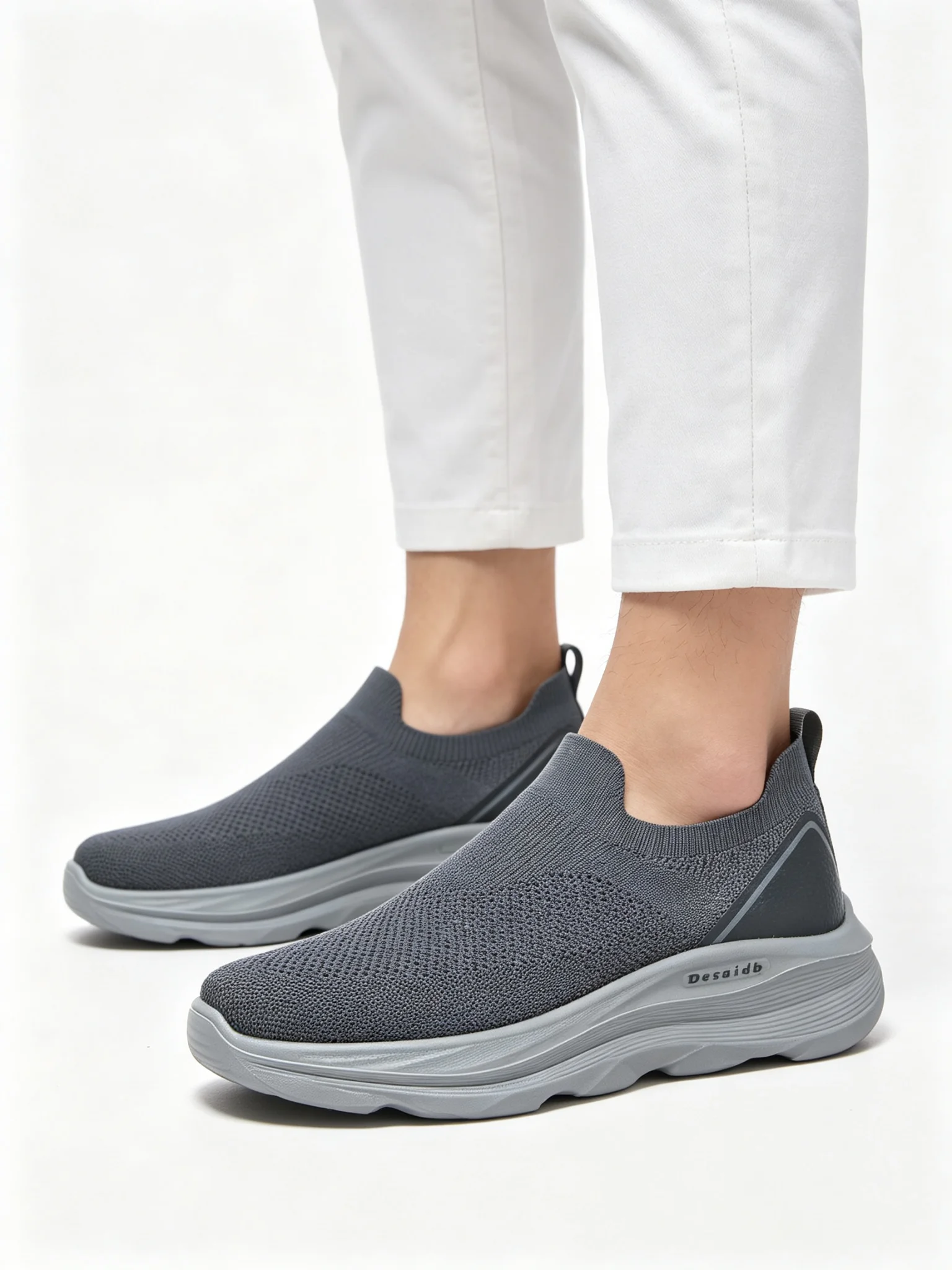 Desai Men Autumn Knitted Slip On Walking Shoes, Sock Mesh Upper Thick Cushion Sole Lightweight Non Slip Sneakers for Daily Work