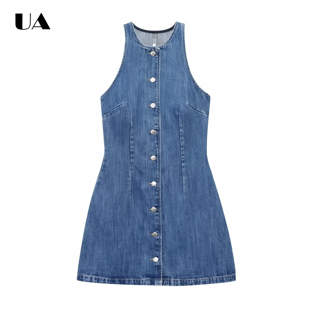 

Fashionable Denim Fit-and-flare Sleeveless Mini Dress, Hotsweet O-neck Button Short Dress, Office Lady Dress