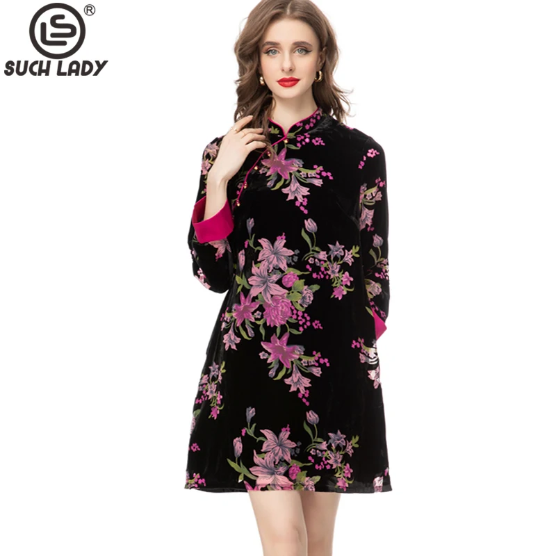 Women's Runway Dresses Mandrin Collar Long Sleeves Printed Beaded Fashion Short Velour Velvet Vestidos