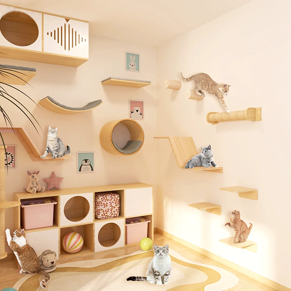 

Cat Climbing Shelves Wall Mounted Cat Tree with Scratcher Hammock Stairs Bed Wall Pet Furniture Indoor Cats Walk Playground