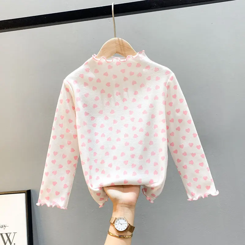 Girls' T-shirt Long Sleeved Comfortable Cotton Heart Half High Collar Rolled Edge Underlay Shirt Spring and Autumn