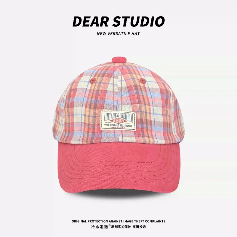 Retro Color Matching Plaid Baseball Caps for Women Summer Autumn Travel Sunscreen Versatile Simple Patch Tooling Style Men's Hat