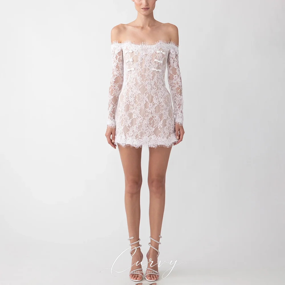 

Curvy Elegant Off Shoulder Long Sleeve Floral Lace Mini Chinese Frog Button Customized Bridal Short Wedding Dresses for Women