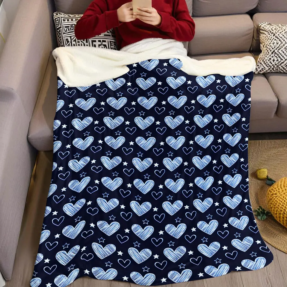 navy blue heart star sketch Flannel Blanket Warm Soft Halloween Christmas Decorative Couch Warm Cozy All-Season Gift