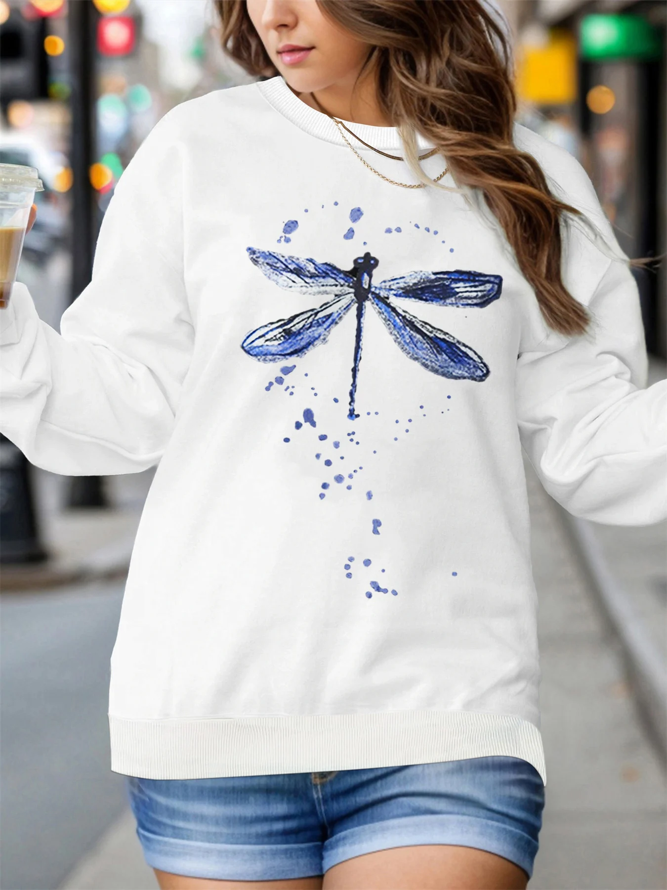 بلوفر نسائي للخريف والشتاء كاجوال فضفاض ومريح بنمط اليعسوب الدافئ مطبوع برقبة دائرية وأكمام طويلة