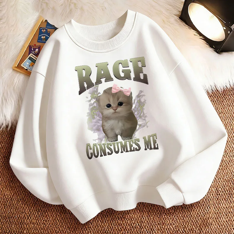 Retro Rage Consumes Me Cat Y2k Children's Sweatshirt Pullover Spring Crew Neck Graphic Print Hoodie Boy/Girl Kids Hoody