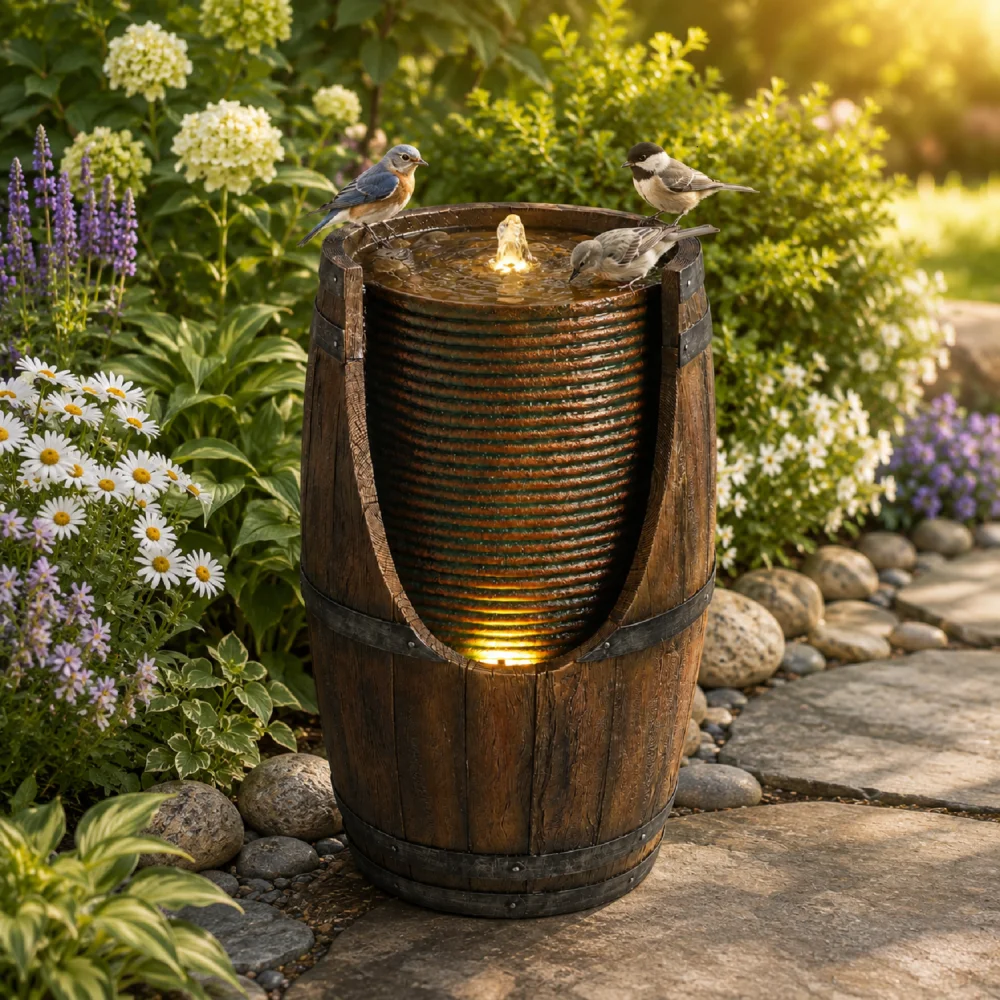 Handcrafted Resin Barrel Water Fountain Rustic Wood Appearance with Built-in Lights, Relaxing Cascading Water Feature for Outdoor Patio Yard Porch Garden Decor