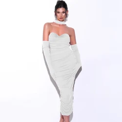 GORAFASHION New Arrival Halter Bodycon Ruffle Mesh Patchwork Bandage Dress Evening Gown Dress Elegant and Gloves