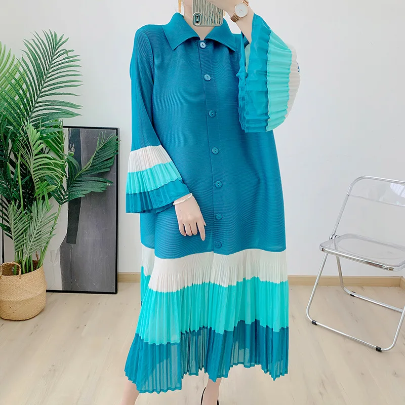 2024 Spring And Summer New Fashion Color Blocking Ruffled Pleated Shirt Dress Women's Casual Long Sleeve Plus Size Miyake Dress