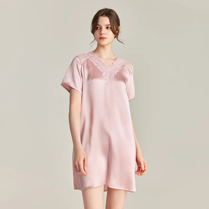 

19MM 100% natural silk Women's Nightgown Short Sleeve Sleepwear v neck Comfy Nightdress see-through lace sexy Nightshirt pajamas