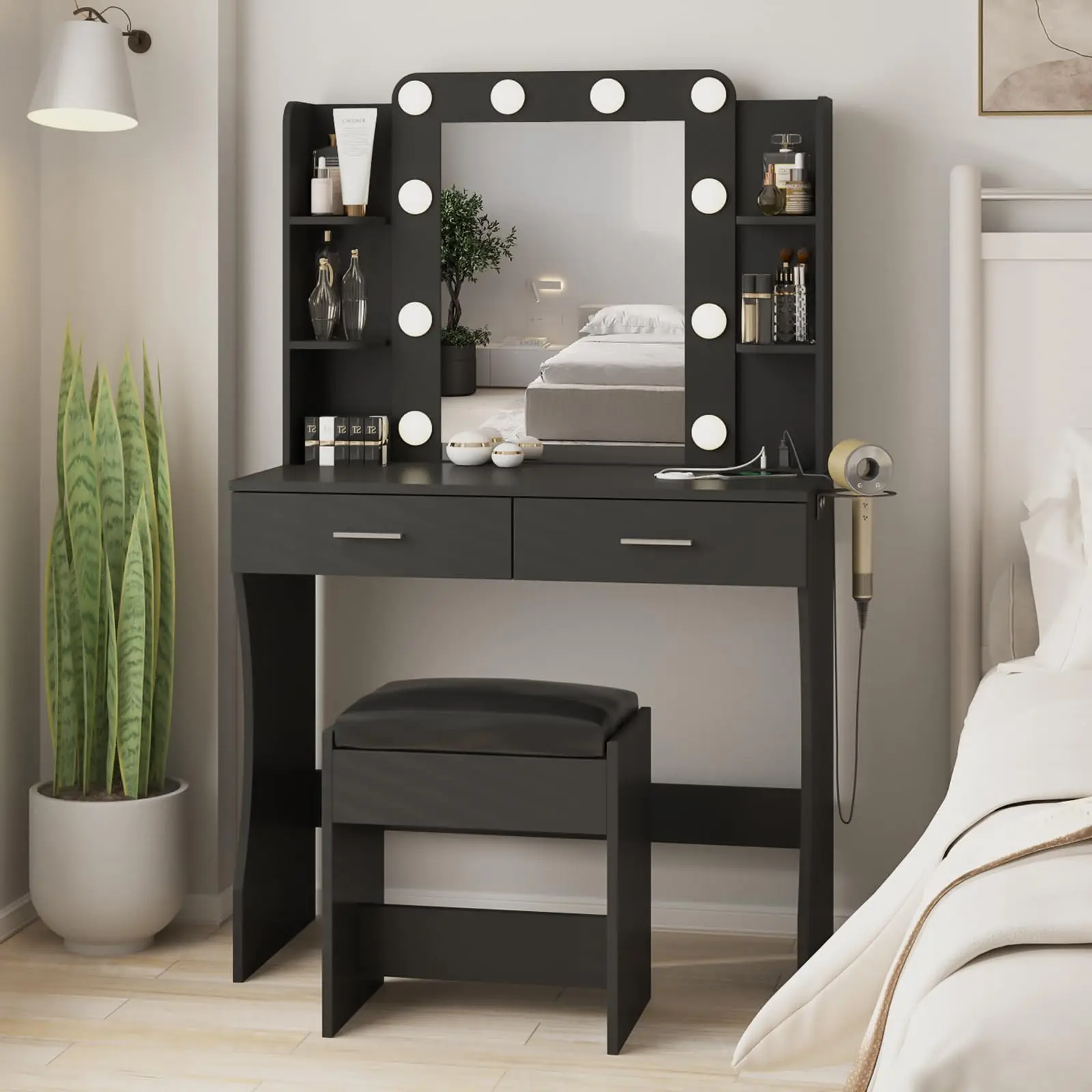 Desk with Lights,Makeup with Power Strip,Black