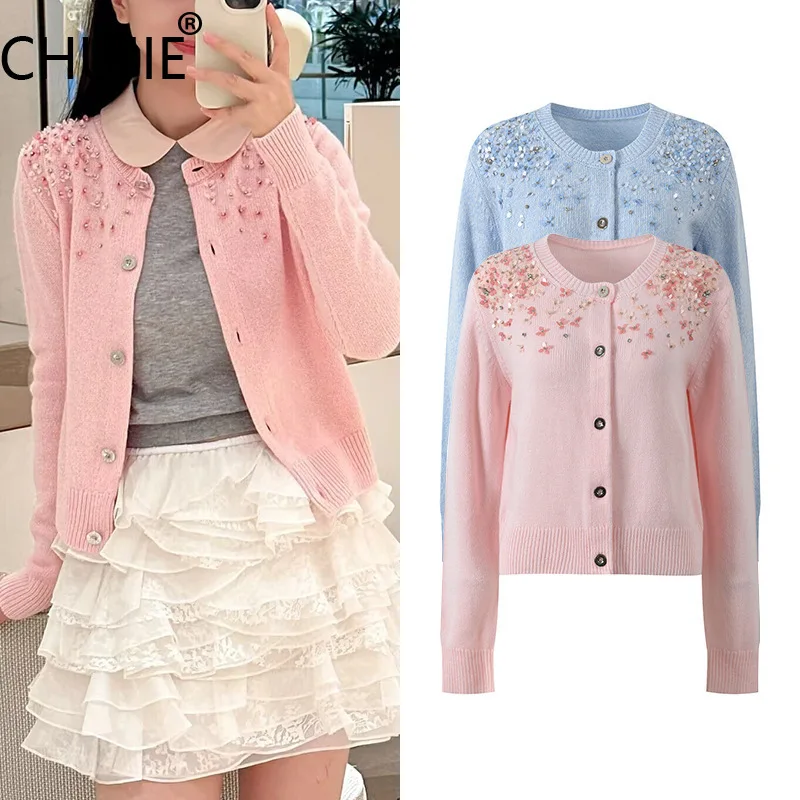 

CHUJIE Fall 2025 Soft Style Knit Cardigan, Round Neck Long Sleeve Top, Beaded & Sequined Button Front - Pink / Blue Optional.
