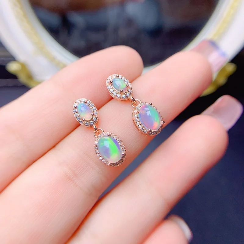 YULEM Oval Natrual Opal Stone Stud Earrings for Women Dainty Classic 4 Claws Natural Fire Opal Stone Students Earrings