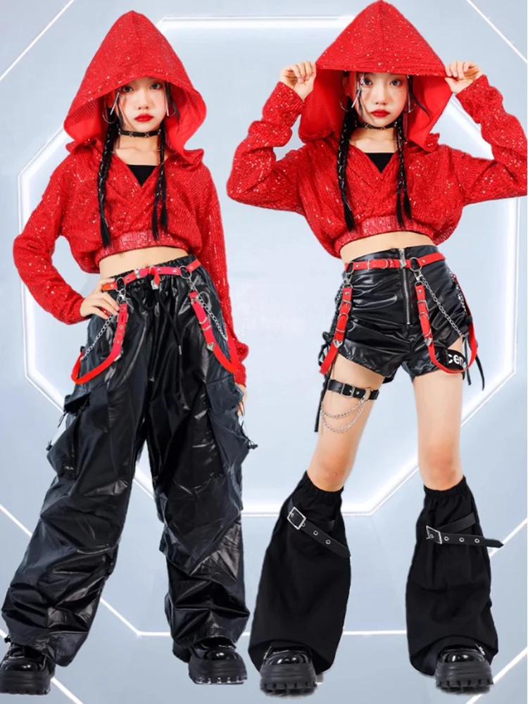 New Kids Festival Jazz Dance Costume Girls Red Sequin Hooded Tops Hip-Hop Pants Concert Street Dance Performance Clothes BL14480