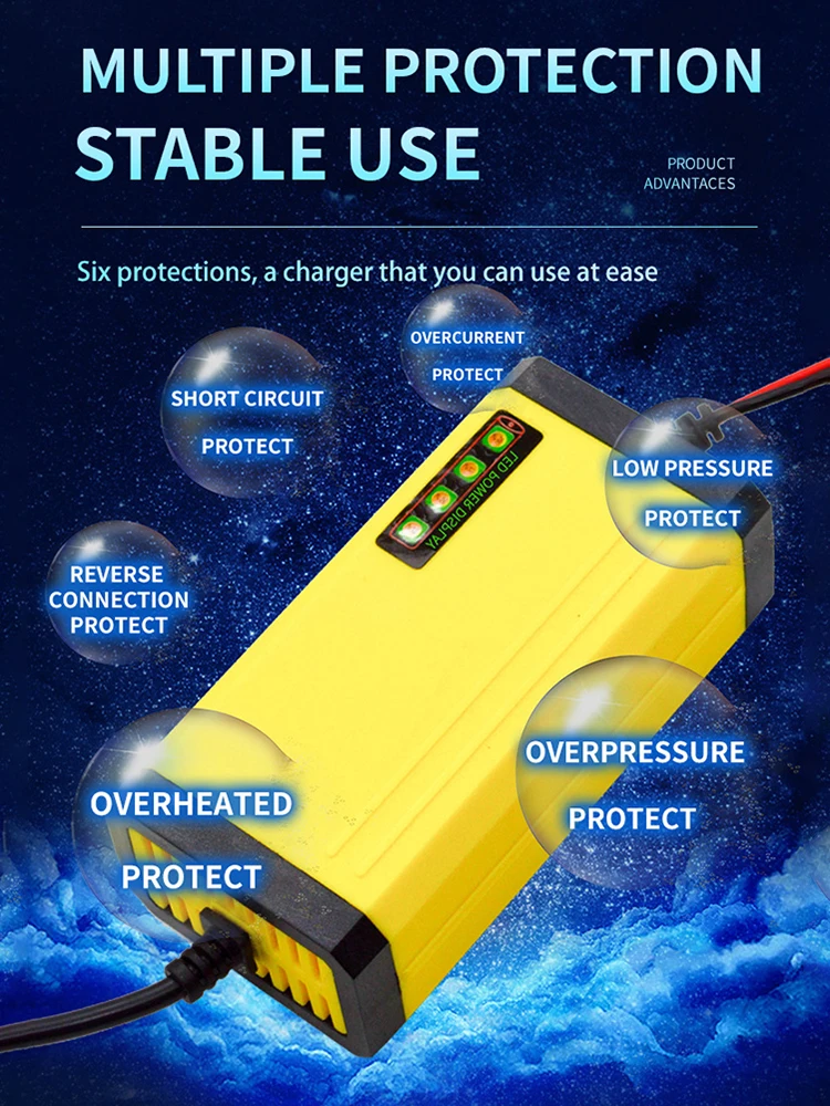 شاحن بطارية مع شاشة ليد ، حماية متعددة ، تيار ذكي ، تعديل الجهد ، سيارة ، دراجة نارية ، 12 فولت ، 2 أمبير