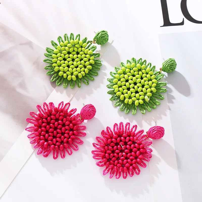 New Bohemian earrings women's raffia weaving exaggerated temperament earrings candy-colored pastoral earrings