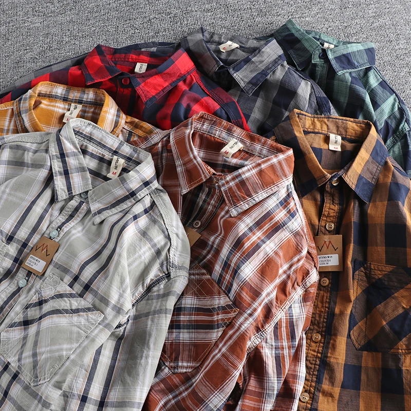 Classic yarn-dyed plaid short-sleeved men\'s shirt summer daily trend all-match washed cotton shirt half sleeve