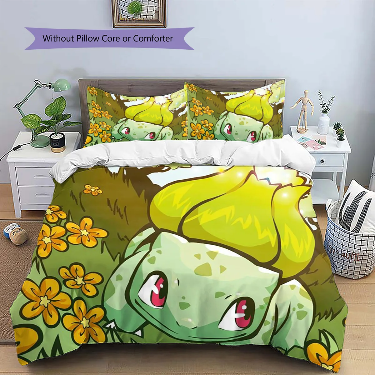 Bulbasaur Patterned Pillowcase & Duvet Cover Set Anime Character Themed Bedding for Bedroom Decor Gift for Anime Fans.-TING