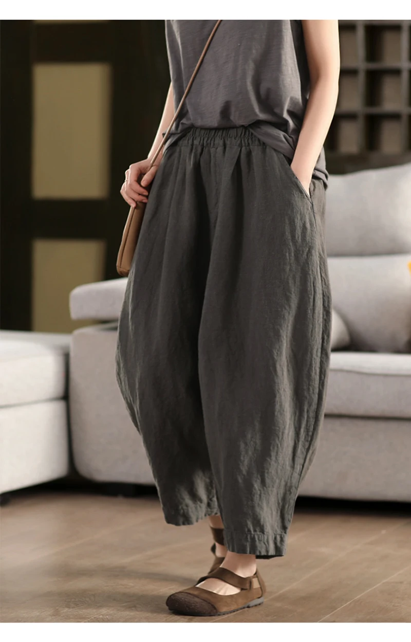 Fengbaoyu 100% linho natural calças femininas de nove peças calças soltas balão roupas de tamanho grande confortável fresco e casual