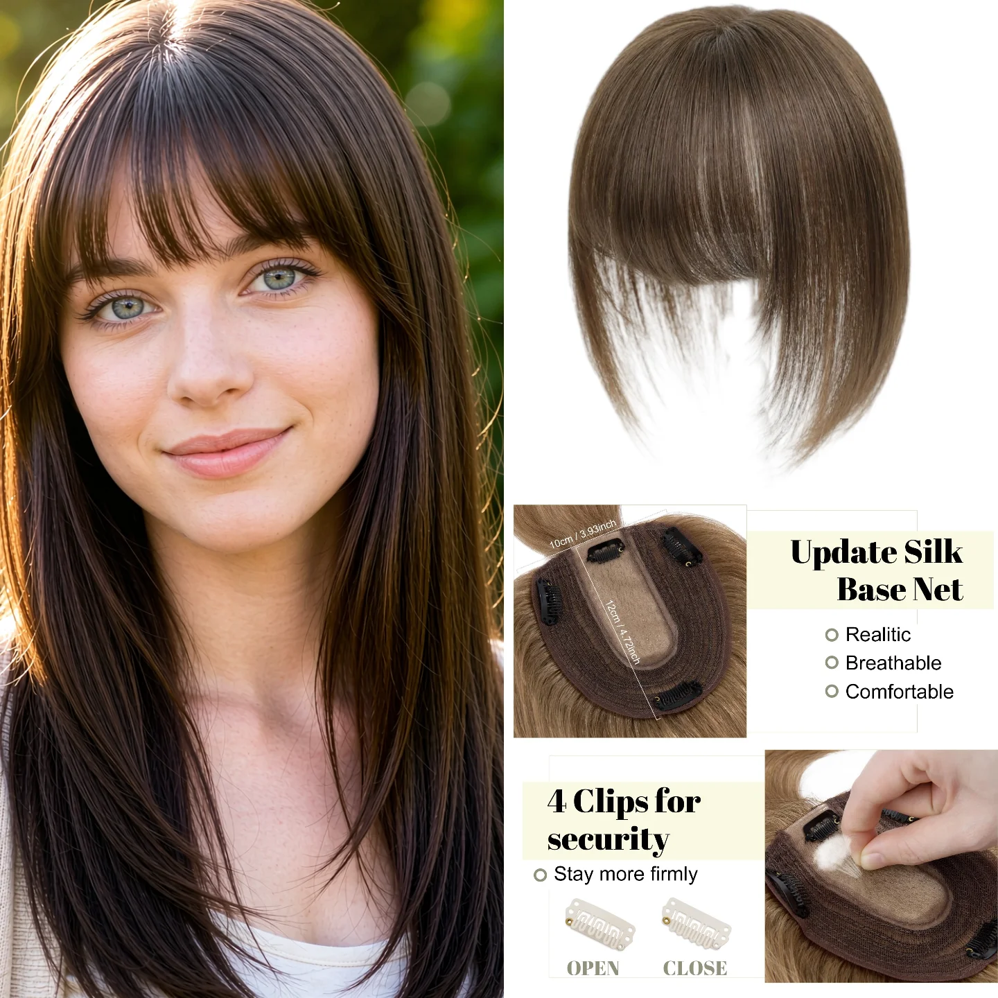 Women Topper 100% Human Hair Silk Lace Base Clip In 12x13cm 25cm Middle Part with Bangs Machine Made Remy Hair #1B #2 Best Value