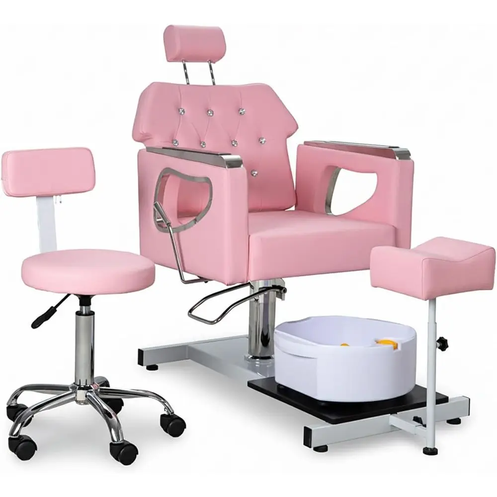 

Pedicure Chair with Spa, Adjustable Footrest, Bubble Massage Basin, and Stool - Pink
