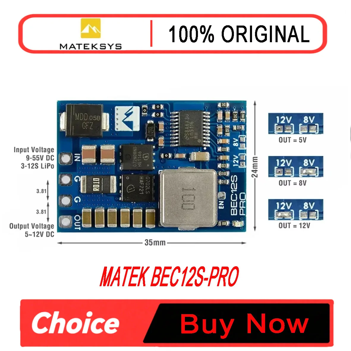 MATEK BEC12S-PRO 9-55V TO 5V/8V/12V-5A Voltage Regulator BEC Power Module Overcurrent Protection Self-recovery for RC FPV Drone
