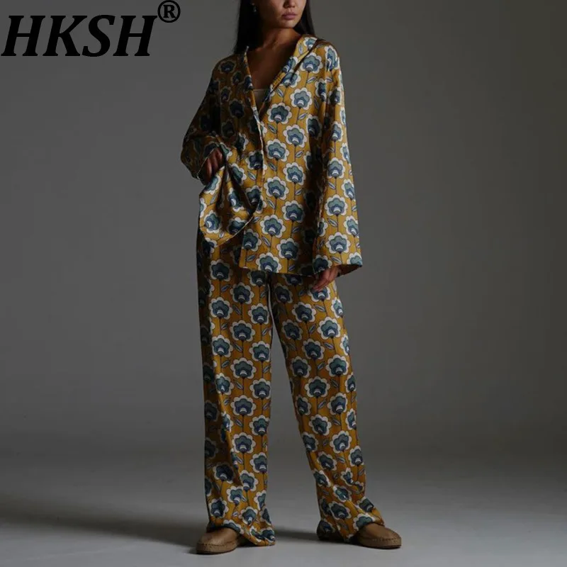 HKSH Primavera Autunno Nuovo Set da due pezzi da donna Stampato Colletto rovesciato Camicia monopetto a maniche lunghe Pantaloni casual Ins HK14230