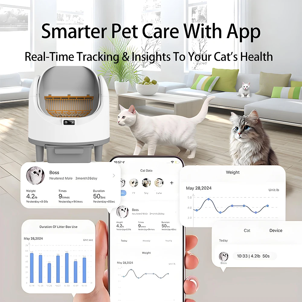 Self Cleaning Box Smart ing 68 L Large Capacity Open Top Automatic Cat Box APP Wi Fi Control PP Material