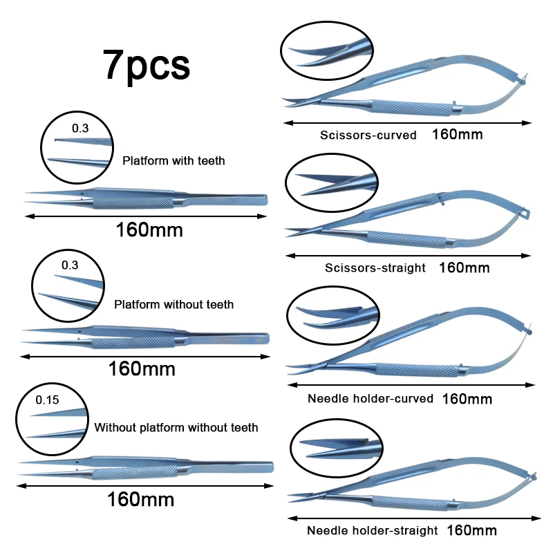 

7pcs/set 16cm Needle Holders Needle Holding Forceps Straight Curved Scissors Ophthalmic Surgical Instrument Titanium Alloy