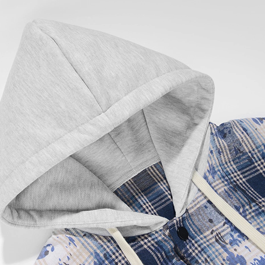 Hooded Tie-dye Plaid Shirt Men Long Sleeve Shirts Spring Autumn Fake Two Pieces Plaid Shirts Jacket Male Fashion Casual Blouse