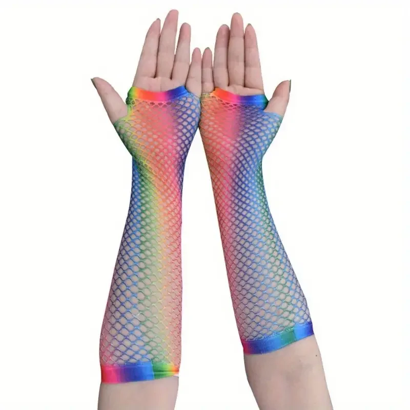 1 Pair Long Rainbow Gloves Elastic Breathable Fishnet Gloves Party Rave Fingerless Gloves For Women Girls