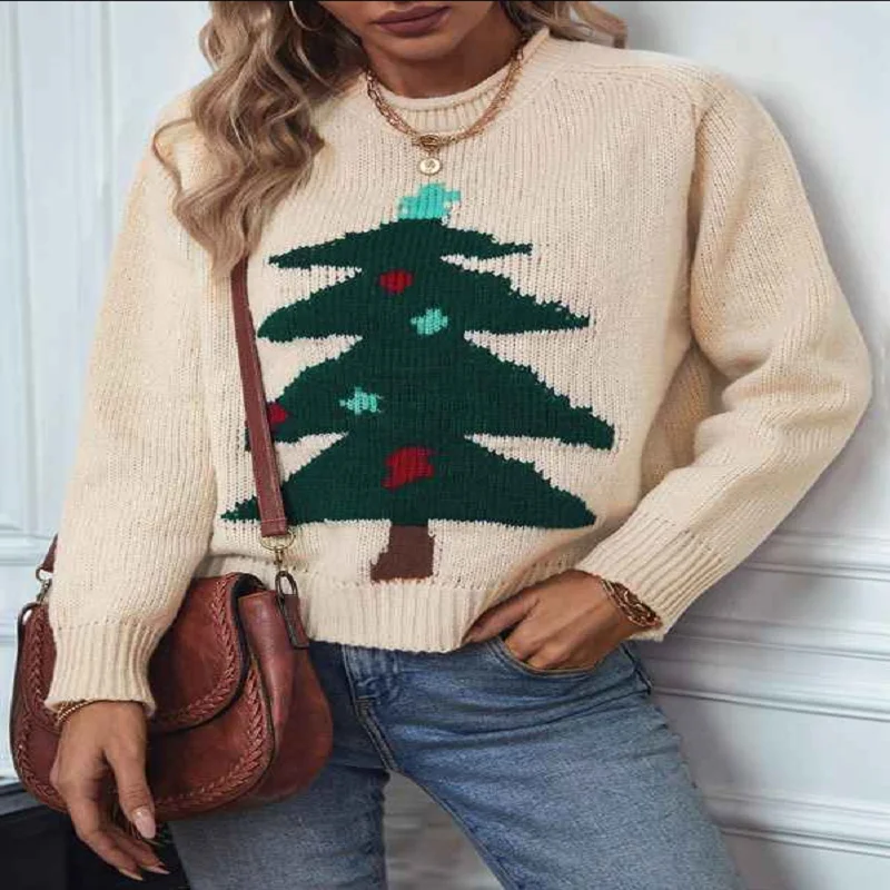 Рождественские свитера для женщин, свитер с круглым вырезом, пуловеры с длинными рукавами, рождественская праздничная одежда