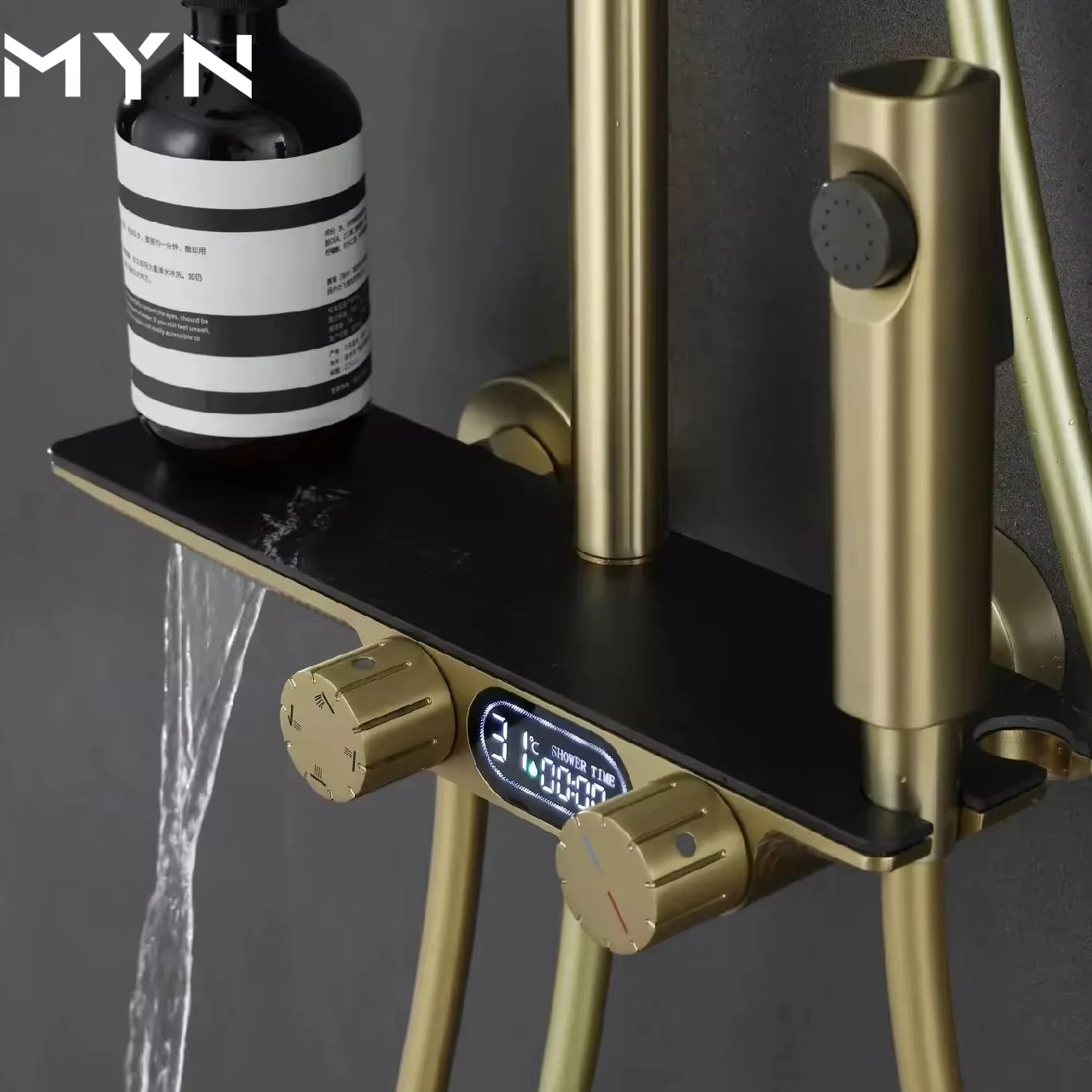 MYN  Luxury Gold Hot Sale Wall Mounted Multi Function Button Black Marble Bathroom Shower Set