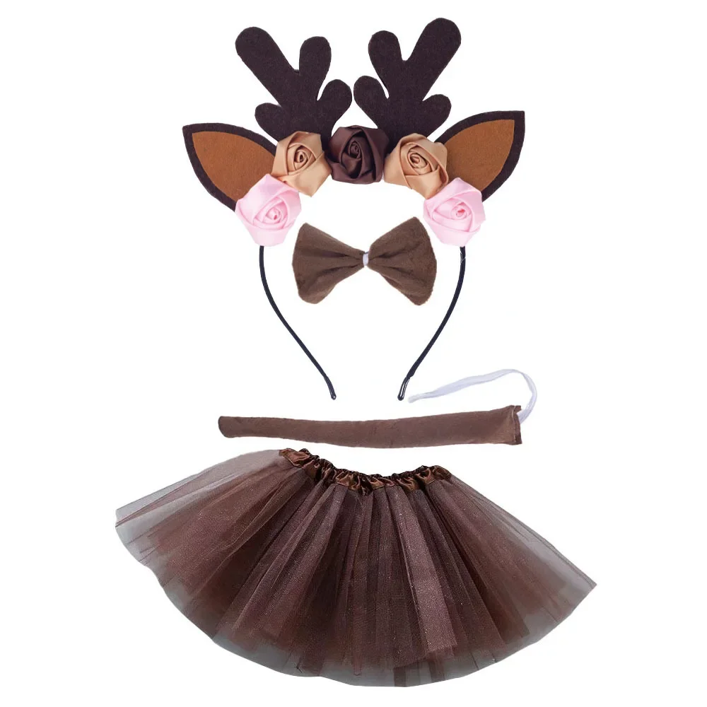 Girls Kids Deer Elk Animals Theme Costume Tulle Skirt with Ears Headband Bow Tie Tail for Halloween Dress Up Cosplay Christmas