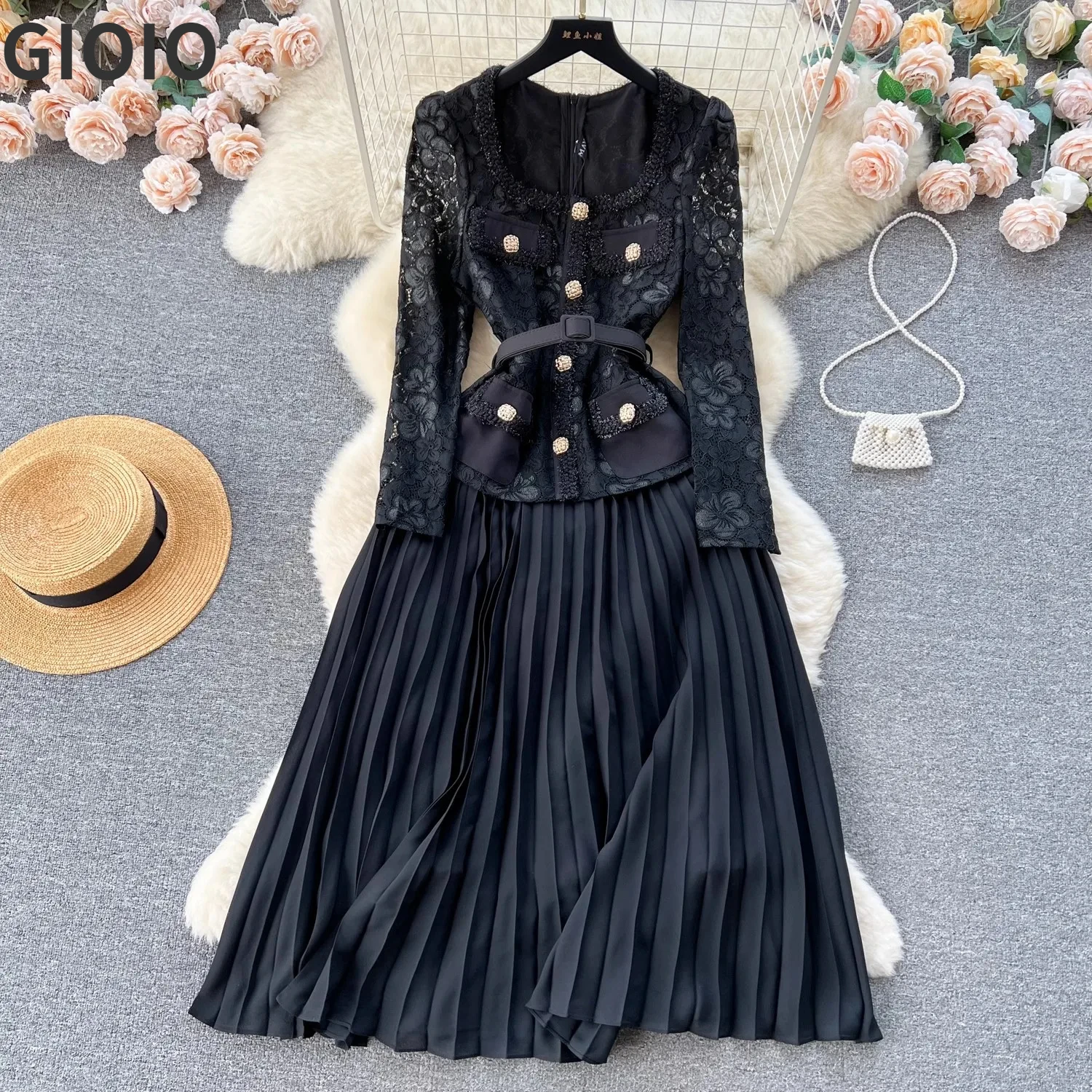 GIOIO Wholesale 2024 Autumn Temperament Two Piece Long Sleeve Square Neck Lace Spliced Waist A Line Large Fold Women\'s Dress