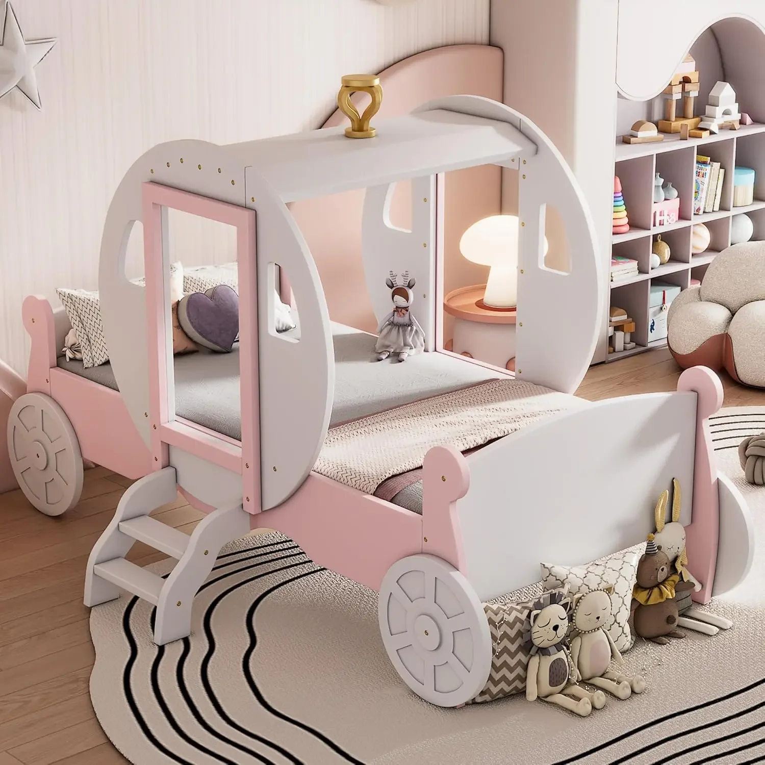 Twin Size Princess Carriage Bed Frame For Boys Girls Kids Toddler With Crown, Wood Platform Car Bed With Stair, White+Pink