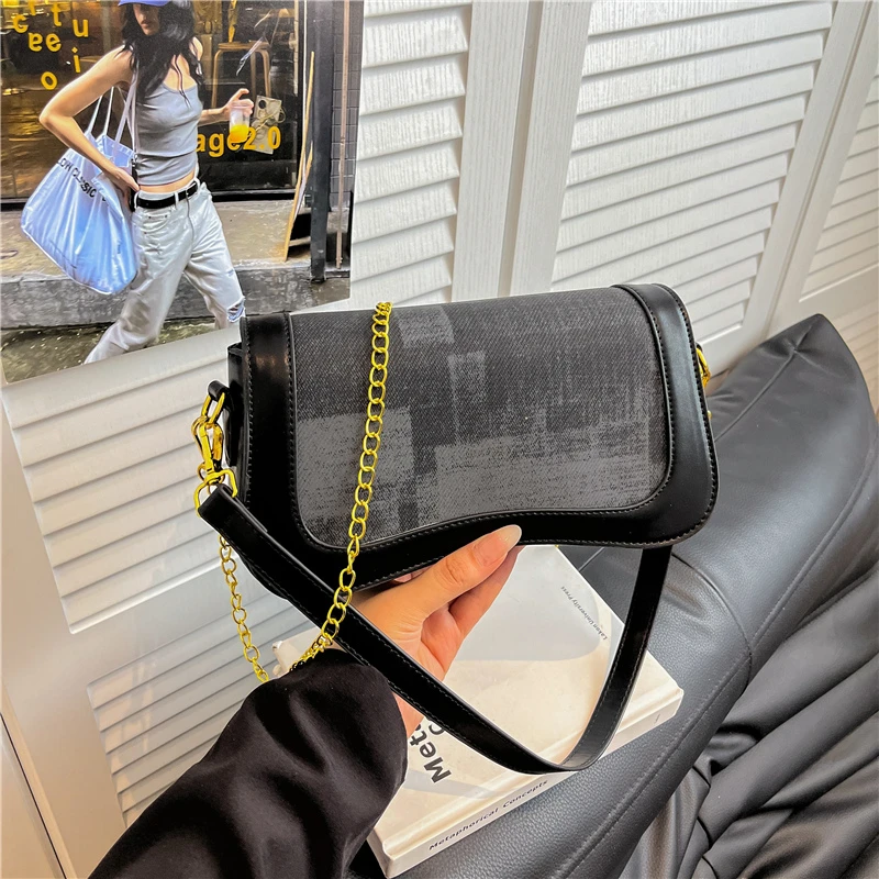 Vintage Printed Baguette Shoulder Bag Women Dual-use Chain Crossbody Purse Retro Patchwork PU Leather Underarm Handbag
