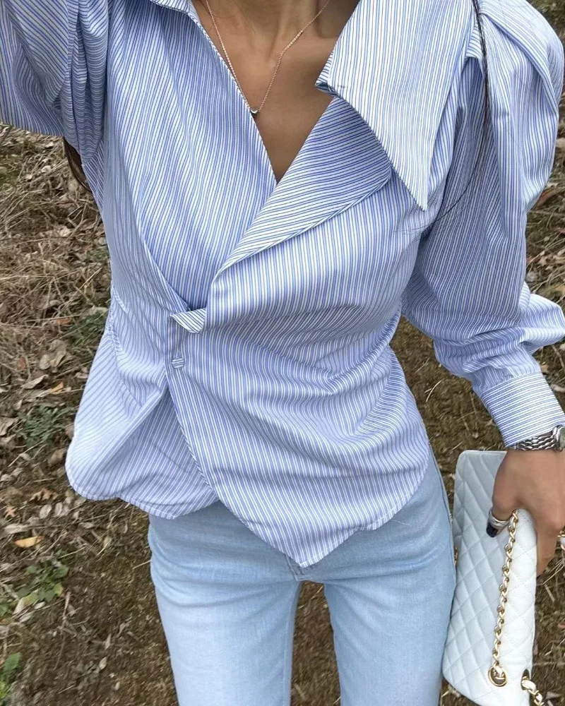 Korean Chic Irregular Shirts & Blouses Stripe Women 2024 Blusas Puff Long Sleeve Ropa Mujer Spring Autumn New Camisas Blusa